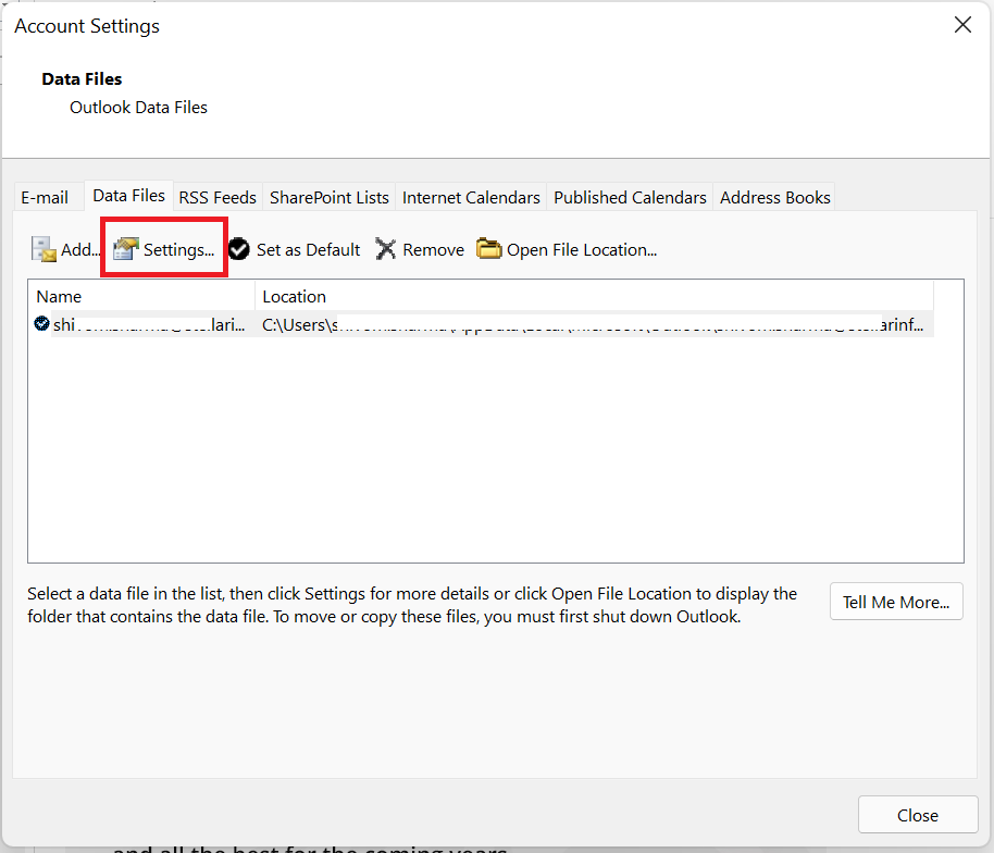 Under the Data Files tab, select the file (email account) and click Settings.